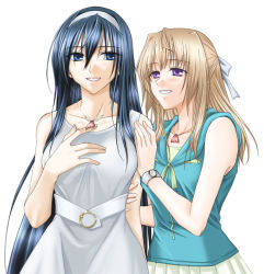 Rule 34 | 00s, 2girls, alternate costume, aqua shirt, arm grab, arm hug, bare arms, bare shoulders, belt, blue eyes, blue hair, blush, bow, casual, collarbone, contemporary, couple, dress, female focus, fervent idiot, grey bow, grey dress, grey hairband, grey ribbon, hair between eyes, hair bow, hair ribbon, hairband, half updo, hand on own chest, happy, himemiya chikane, holding another&#039;s arm, hug, jewelry, kannazuki no miko, kurusugawa himeko, light brown hair, long hair, looking at another, looking to the side, multiple girls, neck, necklace, parted lips, pleated skirt, purple eyes, ribbon, shell, shell necklace, shirt, silver bow, silver dress, silver hairband, silver ribbon, simple background, skirt, sleeveless, sleeveless dress, sleeveless shirt, smile, standing, teeth, very long hair, watch, white background, white skirt, wristwatch, yuri