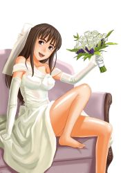 Rule 34 | 1girl, barefoot, black eyes, bouquet, breasts, bridal veil, bride, brown hair, dress, feet, female focus, flower, highres, long hair, looking at viewer, open mouth, plant, sitting, smile, solo, toes, veil, white background, zukiki