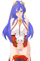 Rule 34 | 1girl, ahoge, archived source, arms under breasts, bare shoulders, blazblue, blazblue: central fiction, blazblue variable heart, blue hair, blush, bottomless, bow, breasts, clothes pull, collarbone, curvy, facing viewer, female pubic hair, fingerless gloves, genderswap, genderswap (mtf), gloves, gluteal fold, hair between eyes, heart, heart hands, highres, large breasts, long hair, looking at viewer, mai natsume, navel, open mouth, pants, pants pull, pink eyes, ponytail, pubic hair, purple eyes, pussy, ribbon, sideboob, smile, solo, thighhighs, thighs, transparent background, tridisart, uncensored, very long hair, wide hips