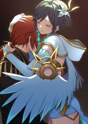 Rule 34 | alternate costume, androgynous, arms around neck, black hair, blue hair, braid, capelet, chiroron, closed eyes, closed mouth, crop top, detached sleeves, diluc (genshin impact), feathered wings, flower, genshin impact, gradient background, gradient hair, hair between eyes, hair flower, hair ornament, headpat, highres, hood, hood down, hooded capelet, hug, jacket, long hair, long sleeves, male focus, midriff, multicolored hair, multiple boys, ponytail, red hair, short hair with long locks, shorts, simple background, smile, tassel, twin braids, venti (archon) (genshin impact), venti (genshin impact), white flower, white shorts, wings, yaoi