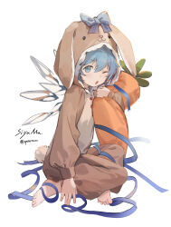 Rule 34 | 1girl, ;o, absurdres, alternate costume, animal costume, animal hood, artist name, barefoot, blue bow, blue hair, blue ribbon, bow, carrot, cirno, commentary, full body, hair between eyes, highres, holding, hood, ice, ice wings, long sleeves, looking at viewer, medium hair, one eye closed, open mouth, rabbit costume, ribbon, simple background, siyumu, solo, touhou, white background, wings