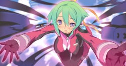 Rule 34 | 10s, 1girl, aquarion (series), aquarion evol, bad id, bad pixiv id, blade (galaxist), bodysuit, breasts, gloves, green hair, open mouth, outstretched arms, purple eyes, short hair, solo, uneven eyes, zessica wong