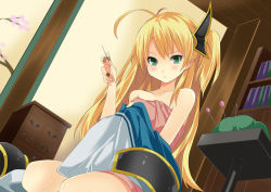 Rule 34 | 1girl, blonde hair, blush, gintarou (kurousagi108), green eyes, long hair, looking down, original, sewing, sitting, solo