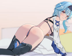 Rule 34 | 1girl, all fours, annoyed, aruman, ass, bare shoulders, bed, bikini, blue hair, blush, breasts, cameltoe, detached sleeves, eula (genshin impact), from behind, genshin impact, gloves, hairband, long hair, looking at viewer, red eyes, sideboob, solo, swimsuit, thighhighs, thong, thong bikini