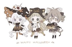 Rule 34 | 3girls, ahoge, animal ears, brown dress, brown eyes, brown hair, brown headwear, cat ears, cat tail, dress, frilled dress, frills, green eyes, halloween, hat, holding, holding wand, juliet sleeves, koirariko, long hair, long sleeves, low twintails, multiple girls, open mouth, orange pantyhose, original, pantyhose, pointy ears, puffy sleeves, purple eyes, scarf, simple background, smile, tail, twintails, very long hair, wand, white background, white hair, white scarf, witch hat