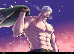 Rule 34 | 1boy, abs, alternate facial hair, bara, beard, cigar, coat, unworn coat, facial hair, kokorozashi, large pectorals, long sideburns, looking at viewer, male focus, mature male, muscular, muscular male, navel, nipples, one piece, pectorals, petals, scar, scar on chest, topless male, short hair, sideburns, smoker (one piece), smoking, solo, stomach, stubble, upper body, veins, white hair, wind
