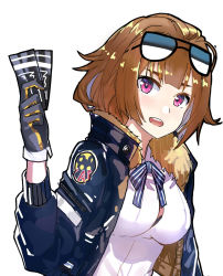 Rule 34 | 1girl, black gloves, breasts, brown hair, echj, eyewear on head, fur trim, girls&#039; frontline, glasses, gloves, grizzly mkv (girls&#039; frontline), hand up, holding, jacket, large breasts, looking at viewer, open clothes, open jacket, open mouth, purple eyes, shirt, simple background, sketch, smile, solo, sunglasses, ticket, uniform, upper body, white background, white shirt