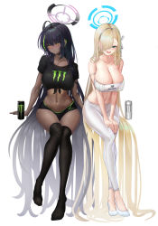 Rule 34 | 2girls, :d, absurdly long hair, ahoge, asuna (blue archive), b-pang, bandeau, bare shoulders, black hair, black nails, black shirt, black thighhighs, blonde hair, blue archive, blue eyes, blush, breasts, can, cleavage, closed mouth, crop top, dark-skinned female, dark skin, ear piercing, energy drink, full body, green hair, grey hairband, grey nails, hair over one eye, hairband, halo, highres, invisible chair, karin (blue archive), large breasts, long hair, looking at viewer, looking away, midriff, mole, mole on breast, monster energy, multicolored hair, multiple girls, nail polish, navel, no shoes, open mouth, pants, piercing, print shirt, revision, shirt, shoes, short sleeves, sitting, smile, strapless, streaked hair, sweat, thighhighs, tube top, very long hair, white footwear, white pants, yellow eyes