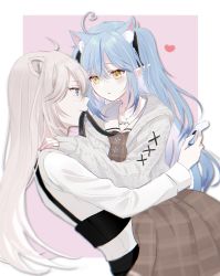 Rule 34 | 2girls, absurdres, ahoge, animal ear fluff, animal ears, black nails, blue hair, blush, brown dress, cardigan, cat ears, cat girl, cat tail, commentary request, dress, elf, fang, fingernails, grey eyes, hair between eyes, hand on another&#039;s shoulder, heart, highres, holding another&#039;s tail, hololive, lion ears, long fingernails, long hair, long sleeves, looking at another, mouth hold, multiple girls, nail polish, open cardigan, open clothes, parted lips, pink nails, plaid, plaid dress, pointy ears, shirt, shishiro botan, shishiro botan (button-down), silver hair, simple background, sui (camellia), suspenders, tail, very long hair, virtual youtuber, white cardigan, white shirt, yellow eyes, yukihana lamy, yukihana lamy (casual), yuri
