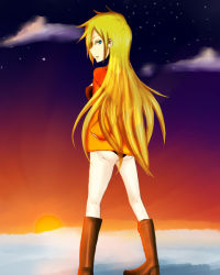 Rule 34 | 1girl, bare legs, blonde hair, blue eyes, boots, gender request, genderswap, image sample, kenny mccormick, long hair, mame no pika, pixiv sample, resized, sky, solo, south park, star (symbol), sun