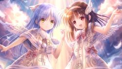 Rule 34 | 2girls, angel beats!, angel wings, blue hair, brown hair, capelet, company connection, cowboy shot, crossover, dress, fur-trimmed capelet, fur-trimmed dress, fur trim, goto p, hairband, kanon, key (company), light blue hair, long hair, looking at viewer, medium hair, multiple girls, red eyes, sleeveless, sleeveless dress, tenshi (angel beats!), tsukimiya ayu, white capelet, white dress, white wings, wings, yellow eyes
