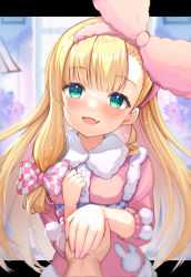 Rule 34 | 1boy, 1girl, akabane (zebrasmise), blonde hair, blush, bow, fur collar, green eyes, hairband, hand grab, highres, holding hands, light particles, long hair, looking at viewer, mononobe alice, nail polish, nijisanji, open mouth, out of frame, pink bow, pink hairband, pink nails, plaid, plaid bow, pov, pov hands, smile, solo focus, very long hair, virtual youtuber