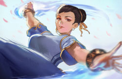Rule 34 | 1girl, absurdres, artist name, black hair, brown eyes, capcom, chinese clothes, chun-li, closed mouth, double bun, earrings, emknov, hair bun, highres, jewelry, looking at viewer, makeup, muscular, muscular female, pearl earrings, short sleeves, street fighter, street fighter 6