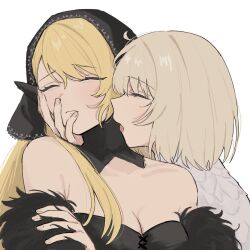 Rule 34 | 2girls, astralnacht, bare shoulders, black hat, blonde hair, breasts, cleavage, closed eyes, detached collar, dungeon meshi, facing viewer, falin touden, falin touden (chimera), feathers, hand on another&#039;s face, hat, head scarf, highres, licking, licking another&#039;s neck, long hair, marcille donato, marcille donato (lord), medium breasts, multiple girls, portrait, profile, short hair, simple background, swept bangs, tongue, tongue out, white background, yuri