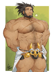 Rule 34 | 1boy, abs, arm hair, artist name, bara, biceps, black eyes, black hair, bulge, collar, crotch plate, ear piercing, earrings, facial hair, gomtang, hairy, hand on back, jewelry, large pectorals, leg hair, long hair, looking to the side, male focus, male underwear, manly, mature male, muscular, muscular male, navel, navel hair, nipples, no pants, original, pectorals, piercing, scar, scar on arm, scar on chest, scar on face, sigh, signature, skirt, solo, spiked hair, thick arms, thick eyebrows, thick thighs, thighs, topless male, underwear