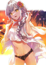 Rule 34 | 1girl, absurdres, assault lily, bikini, blunt bangs, blurry, blurry background, braid, braided ponytail, breasts, commentary request, cowboy shot, evening, floral print, flower, grey hair, hair flower, hair ornament, hair over shoulder, hands up, highres, jewelry, kon kanaho, lens flare, letterboxed, light particles, long hair, looking at viewer, medium breasts, mismatched bikini, navel, necklace, official alternate costume, official alternate hairstyle, open clothes, open mouth, orange sky, outdoors, outside border, palm tree, pendant, pink flower, print bikini, see-through, short sleeves, sidelocks, single braid, sky, smile, solo, standing, stomach, sunlight, sunset, swimsuit, swimsuit cover-up, teeth, tia (cocorosso), tree, upper teeth only, white bikini, wide sleeves, yellow eyes, yellow flower
