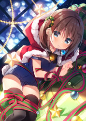 Rule 34 | 1girl, ahoge, bell, black bow, black thighhighs, blue eyes, blue one-piece swimsuit, blush, bound, bow, brown hair, capelet, christmas ornaments, closed mouth, dutch angle, fur-trimmed capelet, fur-trimmed hood, fur trim, hair between eyes, hanamiya natsuka, hands up, hood, hood down, hooded capelet, lying, mouth hold, old school swimsuit, on side, one-piece swimsuit, one side up, original, plaid, red capelet, ribbon, ribbon bondage, school swimsuit, solo, star (symbol), strap slip, swimsuit, thighhighs, window