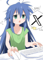 Rule 34 | 1girl, absurdres, blue hair, blush stickers, cynical (llcbluckg c004), green eyes, hair between eyes, highres, izumi konata, keyboard (computer), long hair, lucky star, messy hair, mole, mole under eye, mouse (computer), open mouth, pointing, simple background, solo, white background, x