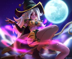 Rule 34 | 1girl, absurdres, android 21, black sclera, breasts, broom, broom riding, broomstick, cape, colored sclera, colored skin, dragon ball, dragon ball fighterz, flying, full moon, glowing, glowing eyes, halloween, halloween costume, hat, highres, large breasts, long hair, majin (race), majin android 21, midriff, monster girl, moon, night, pea-bean, pink skin, red eyes, revealing clothes, tagme, tail, underboob, white hair, witch, witch hat