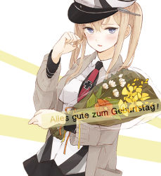 Rule 34 | 1girl, black skirt, bouquet, breasts, collared shirt, cross, enu (roco roco44), flower, german text, graf zeppelin (kancolle), grey jacket, hair between eyes, hat, iron cross, jacket, kantai collection, long sleeves, medium breasts, military hat, necktie, open clothes, open jacket, peaked cap, red flower, red necktie, shirt, skirt, solo, translated, white flower, white hat, white shirt, wide sleeves, yellow flower