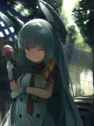 Rule 34 | 10s, 1girl, ;t, bag, baguette, blue hair, bread, food, gloves, gradient background, heart, heart-shaped pupils, ice cream, ice cream cone, kantai collection, long hair, looking at viewer, makihitsuji, murakumo (kancolle), murakumo kai ni (kancolle), necktie, one eye closed, paper bag, red eyes, solo, symbol-shaped pupils, very long hair, white gloves