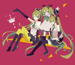 Rule 34 | 3girls, arm up, arms up, boots, detached sleeves, dress, elbow gloves, gloves, green hair, green legwear, hatsune miku, high heels, knee boots, crossed legs, long hair, multiple girls, necktie, open mouth, outstretched arm, outstretched arms, pantyhose, sitting, skirt, spread arms, thigh boots, thighhighs, twintails, very long hair, vocaloid, wink, yoshiki, aged down