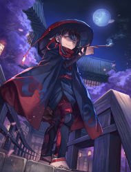 Rule 34 | 1girl, architecture, bad id, bad pixiv id, bridge, cloak, closed mouth, east asian architecture, full moon, hat, highres, holding, holding smoking pipe, kiseru, knee pads, kohari (shichigatsu), looking at viewer, moon, one eye closed, original, red eyes, red hat, rice hat, sandals, shichigatsu, smile, smoke, smoking pipe, solo, standing