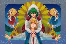 Rule 34 | 4girls, alice margatroid, blonde hair, blue eyes, bow, contemporary, doll, doll joints, flower, green hair, hair bow, hood, hooded jacket, hourai doll, jacket, joints, kazami yuuka, kneehighs, multiple girls, necktie, outstretched arms, plaid, pleated skirt, red eyes, ribbon, shanghai doll, shirt, shoes, short hair, skirt, smile, socks, string, sunflower, tiii, touhou