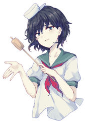 Rule 34 | 1girl, anchor symbol, bad id, bad pixiv id, black hair, blue eyes, collarbone, commentary request, cropped torso, hand up, hat, head tilt, hishaku, holding, murasa minamitsu, parted lips, peaked cap, puffy short sleeves, puffy sleeves, red neckwear, sailor collar, sailor hat, shirt, short hair, short sleeves, simple background, smile, solo, touhou, upper body, uranaishi (miraura), white background, white hat, white shirt