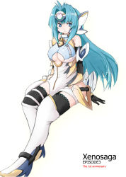Rule 34 | 00s, 1girl, android, armor, bare shoulders, blue eyes, blue hair, breasts, elbow gloves, gloves, kos-mos, large breasts, long hair, looking at viewer, matching hair/eyes, sitting, solo, thighhighs, underboob, xenosaga, xenosaga episode iii