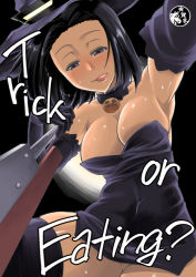 Rule 34 | 10s, 1girl, alternate costume, ariga tou, arm up, armpits, bare shoulders, black dress, black gloves, black hair, black thighhighs, blush, breasts, choker, cleavage, costume, dress, elbow gloves, english text, gloves, grey eyes, halloween, hat, jack-o&#039;-lantern, kantai collection, large breasts, polearm, short hair, smile, solo, spear, tatsuta (kancolle), thighhighs, tongue, tongue out, weapon, witch, witch hat, you gonna get raped