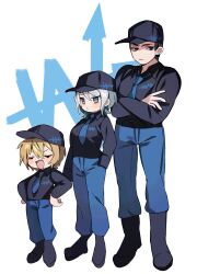 Rule 34 | 1boy, 2girls, black eyes, black footwear, black hair, black shirt, blonde hair, blue eyes, blue necktie, blue pants, boots, closed eyes, collared shirt, crossed arms, don quixote (project moon), faust (project moon), hand in pocket, highres, limbus company, meursault (project moon), mu46016419, multiple girls, necktie, open mouth, pants, project moon, shirt, short hair, sidelocks, smile, white hair