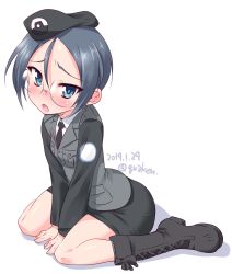 Rule 34 | 1girl, :o, arm support, beret, black footwear, black hat, black jacket, black necktie, black skirt, blue eyes, blush, boots, commentary, cross-laced footwear, dated, dress shirt, embarrassed, emblem, frown, girls und panzer, glasses, grey hair, hat, head tilt, highres, jacket, japanese tankery league (emblem), kuzuryuu kennosuke, lace-up boots, legs, long sleeves, looking at viewer, military, military hat, military uniform, miniskirt, necktie, one-hour drawing challenge, open mouth, pencil skirt, round eyewear, rumi (girls und panzer), selection university military uniform, shadow, shirt, short hair, simple background, sitting, skirt, solo, twitter username, uniform, v arms, wariza, white background, white shirt, wing collar