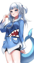 Rule 34 | 1girl, absurdres, animal costume, black shorts, blue eyes, blue hair, blue hoodie, blush, breasts, fins, fish tail, gawr gura, gawr gura (1st costume), grey hair, hair ornament, highres, hololive, hololive english, hood, hoodie, looking at viewer, medium hair, multicolored hair, shark costume, shark girl, shark hair ornament, shark tail, shorts, small breasts, smile, solo, sora-wo-tomo, streaked hair, tail, tongue, tongue out, two side up, virtual youtuber, white background