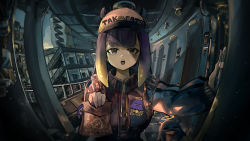 Rule 34 | 1girl, absurdres, alternate breast size, alternate costume, apartment, backpack, bag, baseball cap, building, cloud, cloudy sky, delivery, door, doorbell, drawstring, english text, evening, fire escape, fisheye, hallway, halo, hat, highres, holding, holding bag, hololive, hololive english, jacket, mole, mole under eye, ninomae ina&#039;nis, open mouth, paper bag, peephole, purple eyes, purple hair, sidelocks, sky, solo, stairs, stairwell, takodachi (ninomae ina&#039;nis), tentacle hair, tentacles, virtual youtuber, vyragami