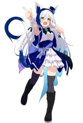 Rule 34 | 1girl, :d, animal ear fluff, animal ears, aomiya yozuri, black bow, black bowtie, black footwear, black thighhighs, blue hair, blue overskirt, blue skirt, blue vest, boots, bow, bowtie, braid, breasts, cat ears, cat girl, cat tail, colored tips, detached sleeves, dress, fang, full body, hat, highres, long hair, medium breasts, mini hat, mini top hat, multicolored hair, namikawa kuroha, open clothes, open mouth, open vest, overskirt, skirt, sleeveless, sleeveless dress, smile, streaked hair, tail, thighhighs, top hat, twin braids, two-tone hair, vee (vtuber), vest, virtual youtuber, white background, white dress, white hair, yellow eyes