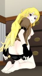 Rule 34 | 1girl, 3d, anus, ass, barefoot, blonde hair, breasts, drawer, feet, fingerless gloves, gloves, highres, jacket, long hair, looking at viewer, lvl3toaster, nipples, open clothes, open jacket, purple eyes, pussy, rwby, scarf, short shorts, short sleeves, shorts, sideboob, soles, toes, uncensored, yang xiao long