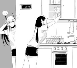 Rule 34 | ..., 2girls, cabinet, character request, dishes, fang, fang out, faucet, girls&#039; frontline, greyscale, headgear, huqu, indoors, jar, ladle, long hair, low twintails, monochrome, multicolored hair, multiple girls, oven, ro635 (girls&#039; frontline), shirt, short shorts, short sleeves, shorts, sink, skin fang, spoken ellipsis, streaked hair, timestamp, twintails