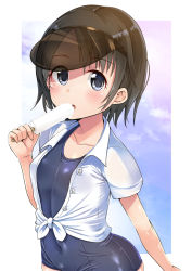 Rule 34 | 1girl, :o, blue one-piece swimsuit, blue sky, blush, breasts, brown hair, cloud, collarbone, collared shirt, covered navel, day, dress shirt, eating, food, front-tie top, gaichi, grey eyes, hair between eyes, hand up, holding, holding food, idolmaster, idolmaster cinderella girls, looking at viewer, one-piece swimsuit, outside border, parted bangs, parted lips, popsicle, sasaki chie, school swimsuit, see-through, shirt, short sleeves, skindentation, sky, small breasts, solo, standing, swimsuit, swimsuit under clothes, tied shirt, upper body, visor cap, white shirt