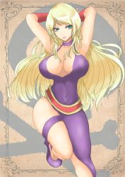 Rule 34 | 1girl, absurdres, armpits, arms behind head, breasts, cleavage, covered navel, dress, fatal fury, garou: mark of the wolves, green eyes, heels, highres, jenet behrn, large breasts, legs, lipstick, long hair, makeup, pink lips, smile, snk, solo, the king of fighters, thighs