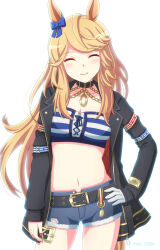 Rule 34 | 1girl, animal ears, bandeau, black jacket, blonde hair, blue bow, blush, bow, breasts, chain, cleavage, closed mouth, collarbone, commentary request, cowboy shot, cutoffs, denim, denim shorts, ear bow, ear ornament, eyes visible through hair, facing viewer, gold chain, gold city (umamusume), highres, horse ears, horse girl, jacket, kasumi uzuki, large breasts, long hair, long sleeves, midriff, navel, open clothes, open jacket, shorts, sidelocks, simple background, smile, solo, standing, strapless, striped bandeau, swept bangs, tube top, umamusume, white background