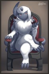 Rule 34 | 1girl, 2017, :3, absol, absurdres, alcohol, artist name, border, brown background, brown eyes, chair, claws, closed mouth, colored skin, creatures (company), crossed legs, cup, cupping glass, dated, drinking glass, full body, furry, furry female, game freak, gen 3 pokemon, grey hair, grey skin, head tilt, highres, holding, holding cup, holding drinking glass, horns, long hair, looking at viewer, nintendo, pokemon, pokemon (creature), silhouette, single horn, sitting, very long hair, white hair, wine, wine glass, zinfyu