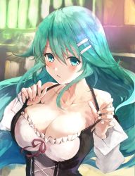 Rule 34 | 1girl, agulo, aqua eyes, aqua hair, bare shoulders, blush stickers, breasts, cleavage, collarbone, dirndl, frills, german clothes, hair ornament, hairclip, highres, large breasts, long hair, looking at viewer, pulptenks flanders, rance (series), rance 01, ribbon, solo