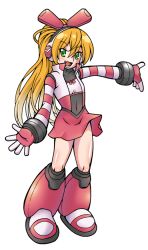 Rule 34 | 1girl, blonde hair, blush, boots, call (mighty no. 9), call f, covered navel, gloves, green eyes, hair ornament, headphones, knee boots, long hair, lovechui, mighty no. 9, ponytail, robot, skirt, smile, solo, striped, striped sleeves