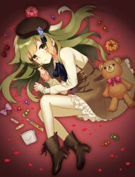 Rule 34 | 1boy, bad id, bad pixiv id, bandaged hand, bandages, bandaid, beret, blush, bow, closed mouth, crossdressing, frilled skirt, frills, green eyes, green hair, hair ornament, hairclip, hat, hat ornament, highres, long hair, looking at viewer, lying, male focus, on side, petticoat, pin, pinocchio (sinoalice), sinoalice, skirt, solo, stuffed animal, stuffed toy, suspender skirt, suspenders, teddy bear, trap, yuna726