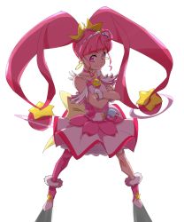 Rule 34 | 1girl, ahoge, bare shoulders, blunt bangs, choker, closed mouth, commentary, cure star, earrings, from above, full body, hair ornament, high heels, highres, hoop earrings, hoshina hikaru, jewelry, long hair, looking at viewer, magical girl, maid headdress, pink eyes, pink footwear, pink hair, pink thighhighs, planet hair ornament, precure, shadow, simple background, single thighhigh, single wrist cuff, smile, solo, star (symbol), star choker, star hair ornament, star twinkle precure, tanabe (fueisei), thighhighs, twintails, very long hair, white background, wrist cuffs