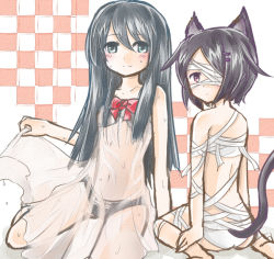 Rule 34 | 2girls, animal ears, aqua eyes, ar tonelico, ar tonelico iii, bandage over one eye, bandages, black bra, black hair, black panties, bow, bra, camisole, cat ears, cat tail, checkered background, filament (ar tonelico), hair ornament, hairclip, kenoka, long hair, multiple girls, panties, red eyes, short hair, sitting, smile, soma (ar tonelico), tail, underwear, underwear only, wariza, white panties