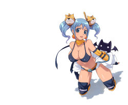 Rule 34 | 1girl, bad id, bad pixiv id, bandana, bikini, bikini top only, blue eyes, blue hair, breasts, caee penguin, cleavage, deviruchi, fingerless gloves, gloves, kneeling, large breasts, matching hair/eyes, mechanic (ragnarok online), ragnarok online, simple background, solo, swimsuit, tiger, twintails