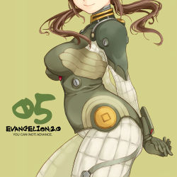Rule 34 | 00s, 1girl, arms behind back, bad id, bad pixiv id, breasts, brown hair, curvy, evangelion: 2.0 you can (not) advance, head out of frame, large breasts, long hair, makinami mari illustrious, neon genesis evangelion, plugsuit, plump, rebuild of evangelion, smile, solo, takagi hideaki, twintails