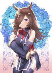 Rule 34 | 1girl, 47agdragon, animal ears, bare shoulders, black dress, black sleeves, black thighhighs, blue flower, bow, breasts, brown hair, collared dress, commentary request, cosplay, detached sleeves, dress, floral background, flower, gradient background, hair over one eye, highres, horse ears, long hair, long sleeves, looking at viewer, medium breasts, parted lips, pelvic curtain, pink background, purple eyes, quiz magic academy, red bow, rice shower (umamusume), sleeveless, sleeveless dress, solo, thighhighs, umamusume, very long hair, white background
